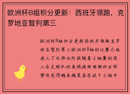 欧洲杯B组积分更新：西班牙领跑，克罗地亚暂列第三