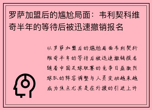 罗萨加盟后的尴尬局面：韦利契科维奇半年的等待后被迅速撤销报名