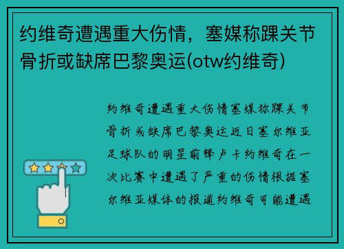 约维奇遭遇重大伤情，塞媒称踝关节骨折或缺席巴黎奥运(otw约维奇)