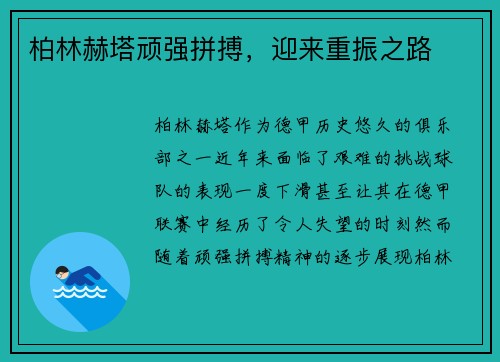 柏林赫塔顽强拼搏，迎来重振之路