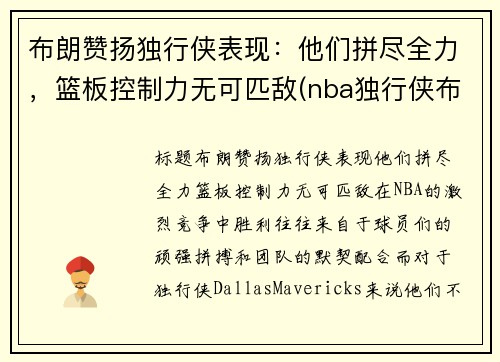 布朗赞扬独行侠表现：他们拼尽全力，篮板控制力无可匹敌(nba独行侠布朗)