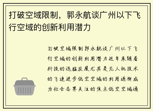 打破空域限制，郭永航谈广州以下飞行空域的创新利用潜力