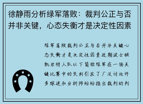 徐静雨分析绿军落败：裁判公正与否并非关键，心态失衡才是决定性因素