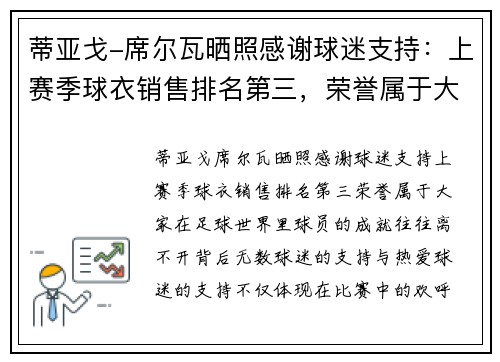 蒂亚戈-席尔瓦晒照感谢球迷支持：上赛季球衣销售排名第三，荣誉属于大家
