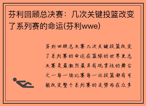 芬利回顾总决赛：几次关键投篮改变了系列赛的命运(芬利wwe)