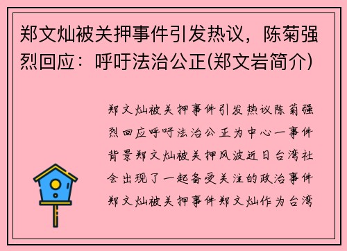 郑文灿被关押事件引发热议，陈菊强烈回应：呼吁法治公正(郑文岩简介)